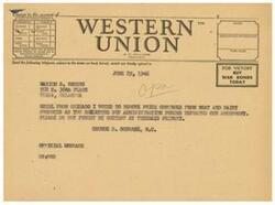 ["The document contains a form for sending a telegram with different options for class of service such as urgent, deferred, or night letter. It also includes a sample telegram regarding the removal of price controls from meat and dairy products and a reminder about a contest at Tuesday's primary."]