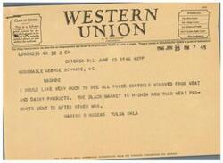 ["The document provides information about Western Union symbols for different classes of service for telegrams and cables. It also includes the filing time and the president of the company. The telegram to Honorable George Schwabe in Washington D.C. expresses a desire to see price controls removed from meat and dairy products due to high black market prices. It also mentions receiving suggestions from patrons regarding the company's service."]