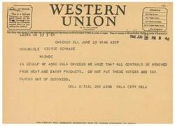 ["The document is a telegram from the Oklahoma Retail Grocers Association urging the removal of controls from meat and dairy products to prevent voters and taxpayers from going out of business. The company also welcomes suggestions from its patrons."]