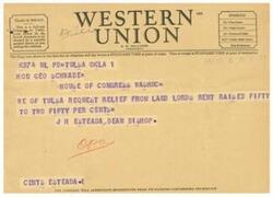 ["The Western Union symbols and class of service are explained, with DL meaning Day Letter, NL meaning Night Letter, LC meaning Deferred Cable, and NLT meaning Cable Night Letter. The filing time for telegrams and day letters is shown in standard time at the point of origin, while the time of receipt is shown in standard time at the point of destination. A message is sent to Honorable  Geo Schwabe requesting relief from a rent increase imposed by landlords in Tulsa. The company encourages suggestions from patrons regarding its service."]