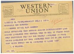 ["The document is about different classes of service for telegrams and cables, with symbols indicating the type of service. The telegram is addressed to Honorable Geo Schwabe, asking for help against discriminatory laws affecting landlords. The sender argues that landlords should be allowed to increase rents by at least 15% due to the increase in prices of goods they buy. The company welcomes suggestions from patrons regarding its service."]