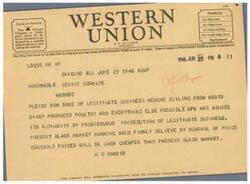 ["The document is a telegram dated June 25, 1946, from A.N. Williams, the president of a company, to Honorable George Schwabe in Washington, DC. The telegram requests the removal of price ceilings on meats, dairy products, poultry, and other items, citing abuse of authority by the OPA and the belief that prices will be cheaper without price controls. The company also asks for suggestions from its patrons regarding its service."]