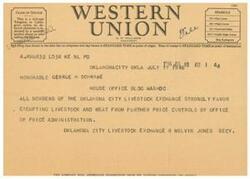 ["The document is a telegram from the Oklahoma City Livestock Exchange expressing their strong support for exempting livestock and meat from price controls by the Office of Price Administration. They are requesting suggestions from their patrons regarding their service."]