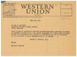 ["The document is a telegram from George B. Schwabe, M.C. to R. C. Banfield, discussing the decontrol of livestock and meats as provided in a Senate bill. Schwabe expresses concern that administration forces and bureaucrats may oppose decontrol and renew regimentation of the people. The telegram is sent through Western Union and A.N. Williams is listed as the President."]