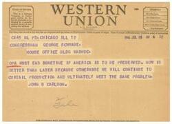 ["The document provides information on different symbols used in Western Union telegrams and cables, as well as the standard time for filing and receiving messages. It includes a message from John S. Carlson to Congressman George Schwabe urging the end of OPA to preserve America. The document also mentions that the company welcomes suggestions from its patrons regarding its service."]