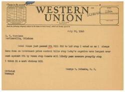 ["The document is a telegram sent on July 22, 1946 from George B. Schwabe to C. W. Morrison regarding the passing of the OPA Bill in the House. Schwabe expresses his disapproval of the bill and urges Morrison to prevent the resurrection of the OPA and government price control. The telegram was sent using Western Union services."]