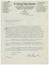 ["The document includes a list of national officers of The American Indian Federation, along with a letter written by O.K. Chandler to Congressman George B. Schwabe discussing the OPA and the potential nomination of Dennis Bushyhead in the November election. Chandler expresses concerns about communism and the need for a final settlement between the Indians and the Federal government. He also mentions the transfer of Oklahoma Indian bureau property to the Veteran's Administration and a race between Gilmer and Turner in Tulsa."]