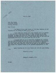 ["The document is from George B. Schwabe, a member of Congress, responding to a letter from Mrs. Roy Watson expressing gratitude for not voting to keep O.P.A. alive. Schwabe mentions receiving other letters on the same subject and encourages Watson to share her negative experiences with O.P.A. to prevent its reinstatement. The document also discusses the impact of price controls and government involvement in controlling prices, expressing concerns about the effects on the economy and questioning the government's role in people's lives."]