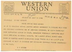 ["The document is a telegram discussing the passing of the Wherry Amendment to exclude meat from OPA controls, urging support for the action in the House. The sender questions the need for controls on meat when there is an abundance available in retail outlets. The company requests suggestions from patrons regarding its service."]