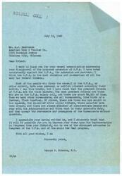 ["The sender, George B. Schwabe, expresses his disapproval of the O.P.A (Office of Price Administration) and believes it to be un-American. He criticizes those who support the O.P.A, stating that they have personal or selfish motives. He urges the recipient to influence their Representative in Congress to oppose the O.P.A. The recipient, American Body & Trailer Co., responds by stating their commitment to lowering prices and believing in the law of supply and demand and competition as the true American law of price control."]