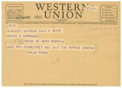 ["The document is a telegram from George B. Schwabe to the House of Representatives in Washington, D.C. requesting the complete elimination of the OPA to save taxpayer money. The telegram also mentions that the company appreciates suggestions from its patrons regarding its service."]