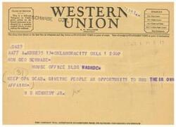 ["The document provides information on different symbols used in Western Union telegrams, such as DL for Day Letter and NL for Night Letter. It also mentions the importance of filing and receiving time in standard time. The telegram message to Honorable  Geo Schwabe in Washington DC urges to keep OPA dead and give people the opportunity to run their own affairs. The company welcomes suggestions from its patrons regarding its service."]