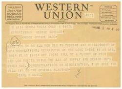 ["The document includes information about Western Union Class of Service symbols for telegrams and cables, as well as the filing and receipt times for messages. A message is sent urging Congressman George Schwabe to prevent the reenactment of OP A regulations and congratulating him on his renomination. The company also welcomes suggestions from its patrons regarding its service."]