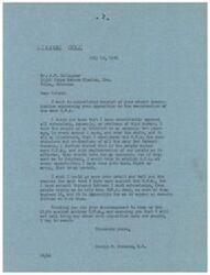 ["The document is from George B. Schwabe, a politician, to Mr. J.P. Gallagher expressing his opposition to the resurrection of the O.P.A. bureau. Schwabe states that he has consistently opposed the O.P.A. and has voted to abolish it whenever possible. He mentions receiving many letters supporting his stance against the O.P.A. and thanks Gallagher for his encouragement in the fight against the bureau. Schwabe assures Gallagher that he will continue to oppose any imposition of the O.P.A. in the future."]