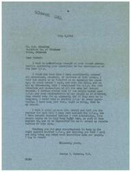 ["George B. Schwabe acknowledges receipt of a letter opposing the resurrection of the O.P.A. He reiterates his consistent opposition to the bureau, stating that he has always voted to abolish it. He thanks the sender for their encouragement and assures them that he will continue to fight against the imposition of another O.P.A. He also mentions receiving a request to oppose dairy products being brought under O.P.A. control from the Carnation Co. of Oklahoma."]