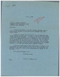 ["The document is a letter from George B. Schwabe, M.C. to E. L. Gragg, President of the Oklahoma City Real Estate Board, commending the board for their resolution to keep residential rents at a proper level in order to avoid the need for a new Rent Control Law. Schwabe also expresses his belief that realtors are patriotic and the American people want to get away from government control and planned economy. He suggests that Gragg should share these views with their Congressman who supports the New Deal policies."]