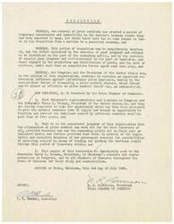 ["The document discusses the removal of price controls and the resulting uncertainty and instability in the economy. It suggests that this period of transition can be minimized by the exercise of good judgment by the public and businesses. The resolution calls for Oklahoma's representatives and the President to allow natural economic laws to function and correct the imbalance caused by past controls. It emphasizes the importance of cooperation from all parties and suggests that the threat of reenacting price controls can help restrain inflation. The resolution is to be sent to the President, Oklahoma's representatives in Congress, and Chambers of Commerce for consideration."]