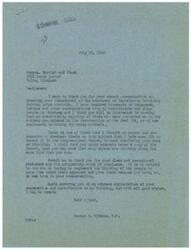 ["The document is a letter from George B. Schwabe, a member of Congress, thanking individuals for their disapproval of legislation involving further price controls. He mentions receiving overwhelming opposition from constituents and others in Oklahoma. Schwabe appreciates the clear and original statements made by the recipients of the letter and acknowledges their contribution to his thinking. The document also includes a telegram congratulating Schwabe on his stance against price controls, suggesting that after 30 days it may be demonstrated that price controls are not necessary."]