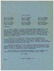 ["The document is a letter from Congressman George Schwabe thanking Mr. Be L. Martin, Mr. D. C. Stamper, Mrs. J. O. Vartan, Mr. H. C. Martin, Mr. Ja L. Martin, and Mr. Carl Baker for their communication expressing disapproval of legislation involving price controls. Schwabe mentions that the majority of constituents are opposed to price controls and that he has included the communication in the Congressional Record. He thanks them for their clear statement and originality, and expresses appreciation for their cooperation. Additionally, there is a brief telegram from E L Martin thanking Schwabe for his work against the O.P.A."]