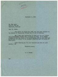 ["The document is a response to a constituent who wrote to Congressman Schwabe about the issue of inflation and the effects of the OPA. The constituent discusses the impact of OPA regulations on prices during the war, and expresses concern about the rising prices of goods such as meat and syrup. The constituent also mentions the disparity between wages and the cost of living. The document expresses appreciation for the constituent's views and assures that the matter will be brought to Congressman Schwabe's attention."]