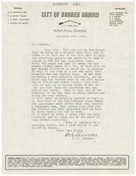 ["The document is a letter written by W.C. Showman to Mr. Schwabe, discussing the need to make changes to the Old Age Assistance laws to better support returning service men. Showman gives an example of a man who had his allowance cut after getting a job, and suggests implementing a system similar to the Townsend plan or the mail carriers setup. The document also provides information about Broken Arrow, Oklahoma, highlighting its population, resources, infrastructure, and trade territory."]