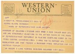 ["The document is a telegram from A.N. Williams, President of Western Union, urging George Blaine Schwabe to support OPA regulations to prevent price inflation. The telegram was sent from Oklahoma City to Washington D.C. and includes a request for feedback on the company's service."]