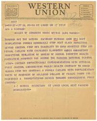 ["The document discusses different classes of service for telegrams and cables, with symbols indicating deferred character. A message from a member of Congress criticizes OPA meat regulations as unworkable, leading to black market activities and unsanitary conditions. The message questions the continuation of failed price control measures and wasteful spending on subsidies. The company requests feedback from customers on its services."]