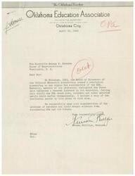 ["The Oklahoma Education Association is urging the Honorable George B. Schwabe, a member of the House of Representatives, to consider the impact of the Office of Price Administration (OPA) on teachers' salaries. They believe that if the OPA were to break down, teachers and other salaried individuals would suffer greatly. They also express their concerns about the disparity between tax reductions for salary-wage earners and corporate businesses, and urge for continued OPA price controls to prevent inflation. The resolution was approved by the OEA Board of Directors in November 1945."]