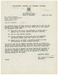 ["The Oklahoma League of Women Voters is asking Mr. George Schwabe, a member of the House of Representatives, to vote for the renewal of the Price Control Act in order to prevent inflation and economic instability in the United States. They also request that he oppose any amendments that would weaken the O.P.A.'s authority or end the food subsidy program. The League believes that supporting the Price Control Act is necessary to conserve products for other needy countries and continue feeding starving people worldwide."]