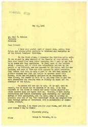 ["The document is from George B. Schwabe, a member of Congress, responding to a request to retain O.P.A. and price controls. He acknowledges the School Teachers' Petition but states that many people in his district are now opposed to O.P.A. and price controls, believing it is part of a New Deal scheme. Schwabe expresses his strong convictions in restoring free enterprise and getting rid of New Deal policies. He thanks the recipient for their views and signs off politely."]