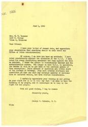 ["The document is a response from George B. Schwabe, a member of Congress, to Mrs. M.O. Lemmons regarding her concerns about the Office of Price Administration (O.P.A.). Schwabe expresses his consistent opposition to the O.P.A., criticizing its economic unsoundness and comparing its methods to the Gestapo of Germany. He thanks Mrs. Lemmons for sharing her views and states that he will continue to fight for the people against the O.P.A."]