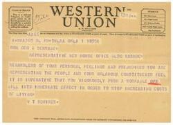 ["The document is a telegram from VT Squires to Hon Geo B Schwabe, urging him to push for a workable OPA bill to stop increasing costs of living. The sender emphasizes that it is important for Schwabe to represent the people and his Oklahoma constituents. The document also mentions that the company welcomes suggestions from its patrons regarding its service."]