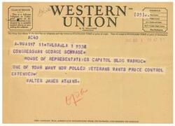 ["This text provides information on Western Union's class of service symbols for telegrams and cables, as well as the filing and receipt times for messages. It also includes a message from a veteran requesting the extension of price controls to a congressman."]
