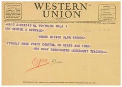 ["The document is discussing the symbols used for different classes of service for telegrams and cables, such as Day Letter, Night Letter, Deferred Cable, and Cable Night Letter. It also mentions the standard time for origin and destination points. The message in the telegram is urging price control on rents and food. The company welcomes suggestions from its patrons regarding its service."]