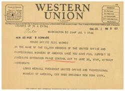 ["The document is a telegram urging support for the extension of the Price Control Act without amendments, sent by the President of the United Office and Professional Workers of America to a government official in Washington DC. The telegram also mentions that the company welcomes suggestions."]