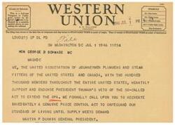 ["The document is a telegram from the United Association of Journeymen Plumbers and Steam Fitters supporting President Truman's veto of a proposed act to extend the OPA. They call for the recreation of a genuine price control act to safeguard their standard of living until supply meets demand."]