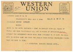 ["The document is a telegram sent from R.S. Robertson, the manager of the Hudson Hotel, to Honorable George Schwabe in Washington, D.C. Robertson is expressing his support for retaining the O.P.A. without amendments in order to prevent increased prices for the public."]