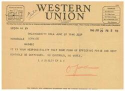["The document is a telegram from L.J. Bailey to Honorable Schwabe in Washington D.C. urging the continuation of effective price and rent controls. Bailey emphasizes that without controls, there will be no votes. The company also welcomes suggestions from its patrons."]