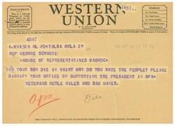 ["This text is about the symbols used in telegram and cable communication, such as DL for Day Letter and NL for Night Letter. It also includes the information that the filing time on telegrams and day letters is in standard time at the point of origin, and the time of receipt is in standard time at the point of destination. The document includes a message to George Schwabe in the House of Representatives urging him to support the President in an operation involving veterans Merle Giles and Sam Manes."]