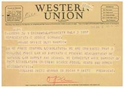 ["The document provides information about different symbols and codes used in telegrams and cables, as well as the class of service offered. It also includes a message from a company representative urging support for price control legislation. The company requests feedback from its customers on its service."]