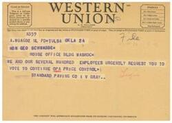 ["This text includes information about different symbols used in telegrams and cables, such as DL for Day Letter and NL for Night Letter. It also mentions the filing time and receiving time for telegrams and day letters. The message is a request for a vote to continue price control from the Standard Paving Co to Honorable  Geo Schwabe."]