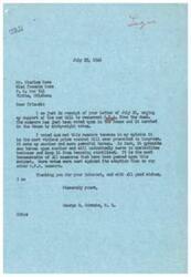 ["Mr. George B. Schwabe received a letter from Mr. Charles Rose and Miss Frances Rose urging him to support a bill to resurrect O.P.A. from the dead. Mr. Schwabe voted against the bill as he believed it to be the most vicious price control bill ever presented to Congress. He felt it would un-stabilize business and create more bureaucracy. The Roses believed President Truman's veto of the O.P.A. extension was commendable."]