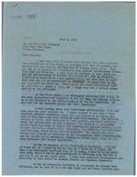 ["The document from George B. Schwabe, M.C., responds to Mr. and Mrs. O.B. Irizarry's request for support of the President's plan against inflationary crisis. Schwabe expresses his belief that the majority of his constituents are against O.P.A. and criticizes the bureau as un-American and responsible for inflation. He suggests that the New Deal philosophy of planned economy has caused inflation and advocates for cutting out deficit spending. Schwabe acknowledges the distress of the Irizarry's but states that he cannot support the current administration's approach. He emphasizes the importance of hearing views from his constituency and ends the letter with well wishes."]