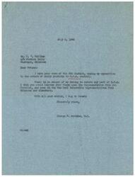 ["Mr. C. H. Collins sent a telegram to George B. Schwabe urging him to oppose the return of dairy products to O.P.A. control. Schwabe responded that there is no danger of him voting to return any part of O.P.A. and suggested that Collins should also impress his views upon their District representative and other Democratic representatives."]