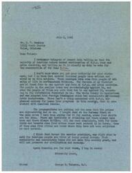 ["George B. Schwabe received a telegram from Mr. H.C. Hawkins urging him to vote for the resurrection of O.P.A. rent and price controls. Schwabe disagrees with Hawkins, stating that the majority of people in northeastern Oklahoma, including farmers and residents of smaller towns, are against O.P.A. and price controls. He believes these policies are un-American and have socialistic and communistic backgrounds. Schwabe argues that prices are not skyrocketing and that instances of chiseling and rent complaints are mostly in cities with rent control. He believes that such ideas will not preserve American civilization and economy. Schwabe thanks Hawkins for his views but remains firm in his opposition to O.P.A. and planned economy for peace time programs."]