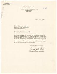 ["The New York Council of Wholesale Meat Dealers is urging Congressman Schwabe to support the Senate amendment decontrolling meat in the Emergency Price Control Act. They argue that legitimate industry and trade are regaining control of meat production and distribution, while black market operators are being forced out of business. They believe that continued operation of economic forces will bring an end to high livestock prices and ensure an ample supply of meat at reasonable prices for consumers. They warn that reinstatement of meat price control will lead to corruption and price increases in the black market. They emphasize the importance of retaining the Senate amendment in any price control extension bill recommended by the Conference Committee."]