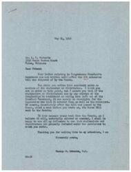 ["A letter was sent to Congressman George B. Schwabe expressing concern about Congressman Crawford's Amendment to a bill, which did not mention wholesalers or distributors. The Congressman assured the sender that if the bill comes back from the Senate, he will work to ensure wholesalers and distributors are included."]