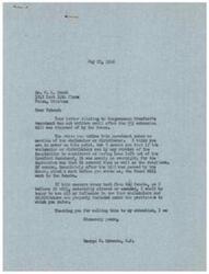 ["Mr. W.A. Brent wrote to Congressman George B. Schwabe expressing concern about the exclusion of wholesalers and distributors from Congressman Crawford's amendment to a bill. Congressman Schwabe assures Mr. Brent that if the bill comes back from the Senate, he will work to ensure that wholesalers and distributors are properly included."]