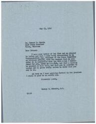 ["The sender, George B. Schwabe, informs Mr. Edward B. Massie that he has transmitted his letter to Representative May and requested a hearing on the bill introduced for him. He promises to notify Mr. Massie of any further developments."]
