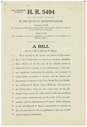 ["This text is a bill introduced by Mr. Schwabe of Oklahoma in the 79th Congress, 2nd Session, aimed at providing relief to Edward B. Massie, a veteran of the First World War. The bill proposes that Massie's disabilities, which are considered service-connected, should be eligible for compensation or pension as prescribed by law. The bill was initially referred to the Committee on Pensions and later discharged and referred to the Committee on Military Affairs."]